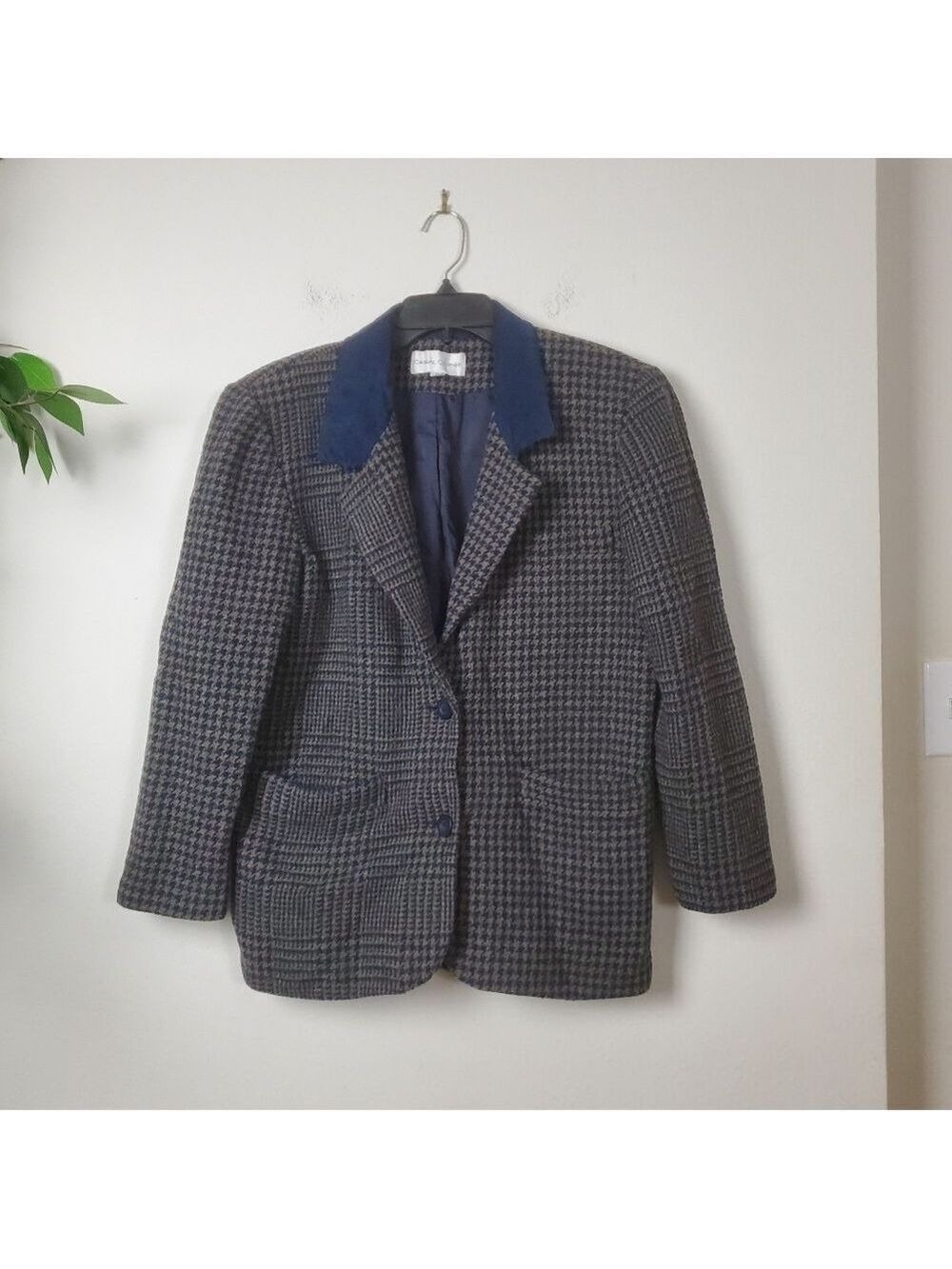 Vintage Casual Corner Houndstooth Wool Blazer Men's Small Blue